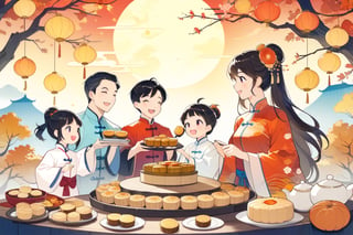 8k, highres, color illustration, midautumn_fes, ((colorful)), ((Chinese family enjoying mooncake dinner)), Mid-Autumn Festival, wearing traditional Mid-Autumn Festival costumes, (traditional Chinese home), ((autumn colors)), (expressive face), ((vivid)), cozy, cheerful, heartwarming, splash art, flat linework, poster colors, well drawn face, well drawn hands, action pose, cell shaded, high contrast, dramatic, amazing artwork, sharp focus, intricate details, highly detailed, high contrast, dramatic, masterpiece, best quality, lineart, Flat vector art