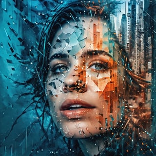 double exposure style, close up silhouette face of a sophisticated girl looking up, rainy new york city, fragmentation, fractured image, teal, orange, black, silver, expressive face, parted lips, emotional, pain, dismay