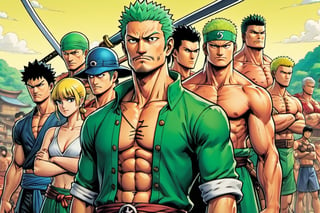 (Zoro), (Goofy), (Leonardo), (shonen), (Berserk), (Spongebob), ((Berserk art style)), 8k, illustration, group shot, group pic, flat linework, poster colors, well drawn face, well drawn eyes, (shonen manga:1.3), hero pose, Japanese landscape, high octane, moody, ink, style, lineart, LineAniAF, real_booster, comic book