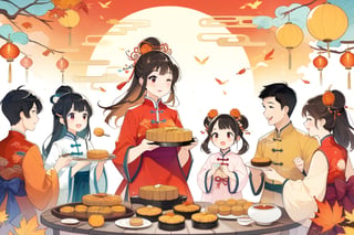 8k, highres, color illustration, midautumn_fes, ((colorful)), ((Chinese family enjoying mooncake dinner)), Mid-Autumn Festival, wearing traditional Mid-Autumn Festival costumes, (traditional Chinese home), ((autumn colors)), (expressive face), ((vivid)), cozy, cheerful, heartwarming, splash art, flat linework, poster colors, well drawn face, well drawn hands, action pose, cell shaded, high contrast, dramatic, amazing artwork, sharp focus, intricate details, highly detailed, high contrast, dramatic, masterpiece, best quality, lineart, Flat vector art