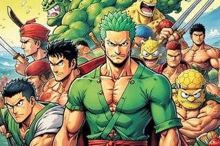 (Zoro), ((Goofy)), ((Leonardo)), (shonen), (Berserk), ((Spongebob)), (((Berserk art style))), 8k, illustration, group shot, group pic, flat linework, watercolor, poster colors, well drawn face, well drawn eyes, ((shonen manga)), hero pose, Japanese landscape, high octane, moody, ink, style, lineart, LineAniAF, real_booster, comic book