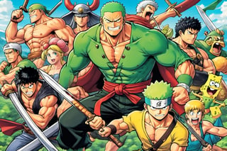 (Zoro), ((Goofy)), ((Leonardo)), (shonen), (Berserk), ((Spongebob)), (((Berserk art style))), 8k, illustration, group shot, group pic, flat linework, watercolor, poster colors, well drawn face, well drawn eyes, ((shonen manga)), hero pose, paper white background, high octane, moody, ink, style, lineart, LineAniAF, real_booster, comic book