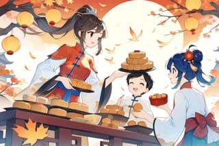 8k, highres, color illustration, midautumn_fes, ((colorful)), ((Chinese family enjoying mooncake dinner)), Mid-Autumn Festival, wearing traditional Mid-Autumn Festival costumes, (traditional Chinese home), ((autumn colors)), (expressive face), ((vivid)), cozy, cheerful, heartwarming, splash art, flat linework, poster colors, well drawn face, well drawn hands, action pose, (Genshin Impact style), cell shaded, high contrast, dramatic, amazing artwork, sharp focus, intricate details, highly detailed, high contrast, dramatic, masterpiece, best quality, lineart, Flat vector art