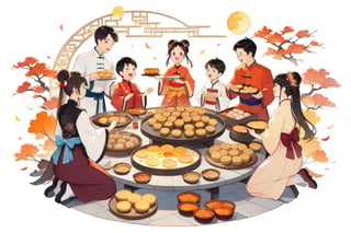 8k, highres, color illustration, midautumn_fes, ((colorful)), ((Chinese family enjoying mooncake dinner)), Mid-Autumn Festival, wearing traditional Mid-Autumn Festival costumes, (traditional Chinese home), ((autumn colors)), (expressive face), ((vivid)), cozy, cheerful, heartwarming, splash art, flat linework, poster colors, well drawn face, well drawn hands, action pose, cell shaded, high contrast, dramatic, amazing artwork, sharp focus, intricate details, highly detailed, high contrast, dramatic, masterpiece, best quality, lineart, Flat vector art