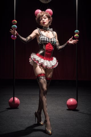 1girl, solo, (((juggler))), (performance), 8k masterpiece, ultra-realistic, UHD, highly detailed, best quality, full_body, harlequin makeup, wide angle, ((circus costume)), sequins, ruffles, high contrast, dramatic, sharp focus, intricately detailed, masterpiece, best quality, betterhands