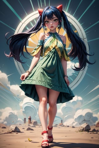 Masterpiece, Best quality, High resolutions, long spiky, brush-colored hair, up to the waist. Her eyes are also blue and she wears silver cross-shaped earrings., Aawendy, long hair, twintails, hair ornament, bare shoulders, light green dress with yellow stripes.,aawendy