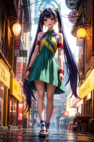 Masterpiece, Best quality, High resolutions, long navy blue hair, with straight bangs and a colorful ribbon on the head. Her eyes are also blue and she wears silver cross-shaped earrings., Aawendy, long hair, twintails, hair ornament, bare shoulders, light green dress with yellow stripes.