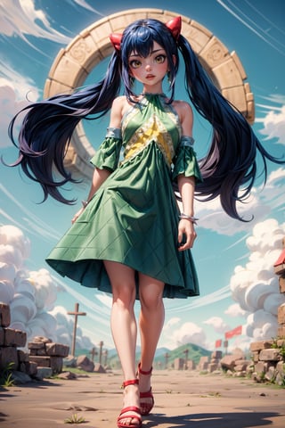 Masterpiece, Best quality, High resolutions, long spiky, brush-colored hair, up to the waist. Her eyes are also blue and she wears silver cross-shaped earrings., Aawendy, long hair, twintails, hair ornament, bare shoulders, light green dress with yellow stripes.,aawendy