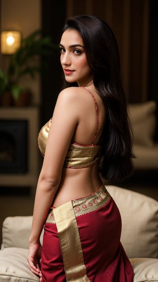 A stunning 18-year-old Indian girl, reminiscent of Kiara Advani's features, sits comfortably on a plush sofa, surrounded by warm golden lighting. Her long black hair cascades down her back like a waterfall, with subtle highlights that catch the eye. She wears a vibrant red lehenga Saree that accentuates her curves, showcasing her Indian beauty. A gentle smile plays on her smooth face, radiating innocence and charm. The atmosphere is cozy and intimate, as if captured in an Instagram post, inviting the viewer to step into this captivating scene.