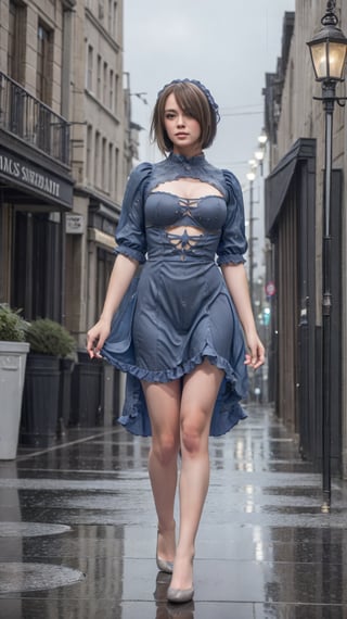 A moody street scene: A petite girl with light hazel hair and freckles, wearing a frilled dress and bold emo gothic makeup, confidently strides under the soft glow of streetlights, her drenched hair clinging to her skin as she grasps a sword in her hand. Framed by the low-angle shot (1.3) from below (1.3), the studio light casts an atmospheric gloom, defining her figure against the rain-soaked pavement and dark night sky.