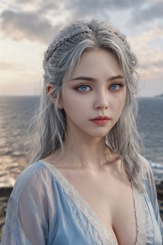 young adult girl, solo, looking at horizon, realistic, 8k, grey hair,long hair, blue eyes, lips, eyelashes, makeup, piercing, portrait, wide hips ,full body, eye focus,raidenshogundef,High detailed ,xxmixgirl,FilmGirl