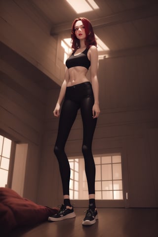 1girl, mature female, forehead, red hair, straight hair, long hair, black tank top, brown skinny pants, sneaker, standing, living room, indoor, [fisheye lens:: 1], masterpiece, best quality, absurdres, very aesthetic, newest, General