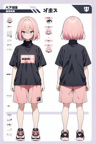 1girl, pale, pink hair, short hair, hair between eyes, dark blue shirt, turtleneck, short sleeve, pink sweat shorts, sneakers, standing, character sheet, turnaround, masterpiece, best quality, absurdres, very aesthetic, newest, General