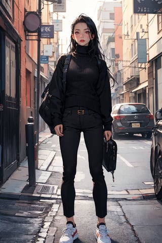 masterpiece, best quality, 1girl, mature female, black hair, long hair, straight hair, forehead, brown eyes, turtleneck sweater, pants, shoes, standing, outside, [fisheye lens:: 1]