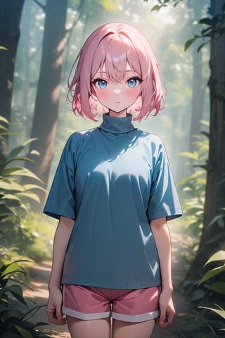 [1girl: 3], [pale: 3], [pink hair: 3], [short hair: 3], [hair between eyes: 3], [blue shirt: 3], [turtleneck: 3], [short sleeve: 3], [pink shorts: 3], [sneakers: 3], [standing: 3], outside, forest, from front, masterpiece, best quality, absurdres, very aesthetic, newest, General