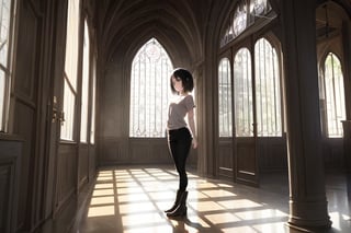 (masterpiece), best quality, medieval castle, indoor, 1girl, standing, brown eyes, black hair, short hair, shirt, short sleeve, skinny pants, boots, dark, moody