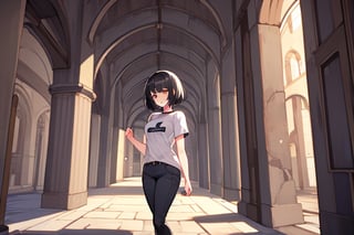 (masterpiece), best quality, castle, indoor, 1girl, standing, brown eyes, black hair, short hair, shirt, short sleeve, skinny pants