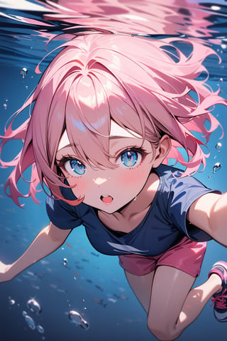 [1girl:3], [pale:3], [pink hair3], [short hair:3], [hair between eyes:3], [blue shirt:3], [short sleeve:3], [pink shorts:3], [sneakers:3], swimming, underwater, from above, masterpiece, best quality, absurdres, very aesthetic, newest, General