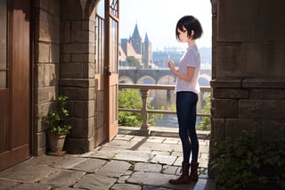 (masterpiece), best quality, medieval castle, 1girl, standing, brown eyes, black hair, short hair, shirt, short sleeve, skinny pants, boots, dark, moody