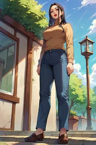 score_9,score_8_up,score_7_up,score_6_up, 1girl, mature female, black hair, long hair, straight hair, forehead, brown eyes, turtleneck sweater, pants, shoes, standing, outside, from below