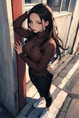 masterpiece, best quality, 1girl, mature female, black hair, long hair, straight hair, forehead, brown eyes, turtleneck sweater, pants, shoes, standing, outside, from above