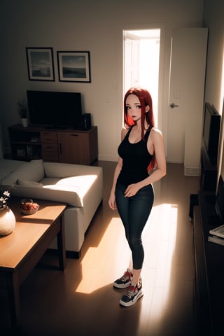 1girl, mature female, forehead, red hair, straight hair, long hair, black tank top, brown skinny pants, sneaker, standing, living room, indoor, [fisheye lens:: 1], masterpiece, best quality, absurdres, very aesthetic, newest, General