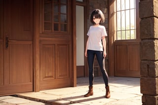 (masterpiece), best quality, medieval, indoor, 1girl, standing, brown eyes, black hair, short hair, shirt, short sleeve, skinny pants, boots