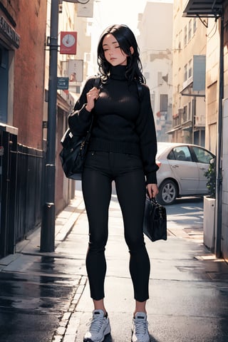 masterpiece, best quality, 1girl, mature woman, black hair, long hair, straight hair, forehead, hair over eyes, turtleneck sweater, pants, shoes, standing, outside, [fisheye lens:: 1]