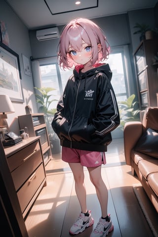 1girl, pale, pink hair, short hair, hair between eyes, black jacket, pink shorts, sneakers, standing, outside, living room, indoor, [fisheye lens:: 3], Environmental portrait, masterpiece, best quality, absurdres, very aesthetic, newest, General