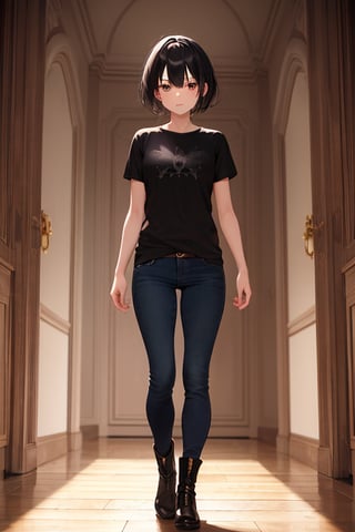 (masterpiece), best quality, castle, indoor, 1girl, standing, brown eyes, black hair, short hair, shirt, short sleeve, skinny pants, boots, dark, moody