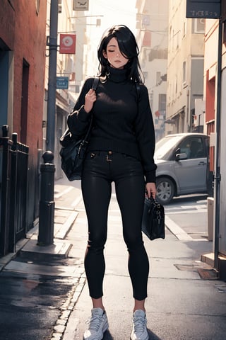 masterpiece, best quality, 1girl, mature woman, black hair, long hair, straight hair, hair over eyes, turtleneck sweater, pants, shoes, standing, outside, [fisheye lens:: 1]