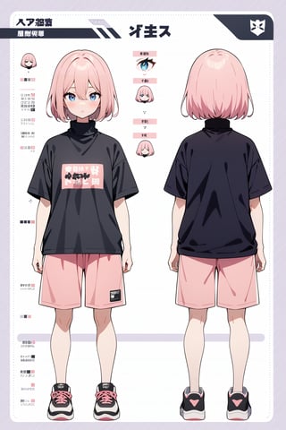 dark blue shirt, turtleneck, short sleeve, pink sweat shorts, sneakers, standing, from behind, masterpiece, best quality, absurdres, very aesthetic, newest, General