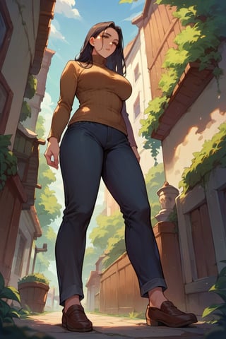 score_9,score_8_up,score_7_up,score_6_up, 1girl, mature female, black hair, long hair, straight hair, forehead, brown eyes, turtleneck sweater, pants, shoes, standing, outside, from below
