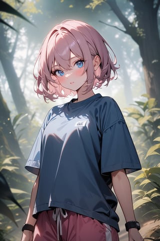 [1girl: 3], [pale: 3], [pink hair: 3], [short hair: 3], [hair between eyes: 3], [blue shirt: 3], [turtleneck: 3][short sleeve: 3], [pink shorts: 3], [sneakers: 3], [standing: 3], outside, forest, from front, masterpiece, best quality, absurdres, very aesthetic, newest, General