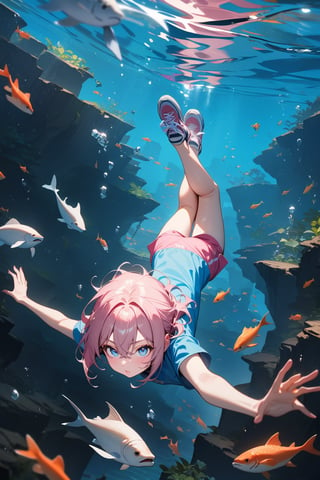 [1girl: 3], [pale: 3], [pink hair: 3], [short hair: 3], [hair between eyes: 3], [blue shirt: 3], [short sleeve: 3], [pink shorts: 3], [sneakers: 3], swimming, underwater, from above, masterpiece, best quality, absurdres, very aesthetic, newest, General