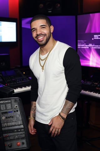 drake smiling, standing in the studio