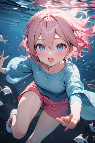 [1girl:3], [pale:3], [pink hair3], [short hair:3], [hair between eyes:3], [blue shirt:3], [pink shorts:3, [sneakers:3], swimming, underwater, masterpiece, best quality, absurdres, very aesthetic, newest, General