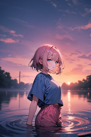 [1girl: 3], [pale: 3], [pink hair: 3], [short hair: 3], [hair between eyes: 3], [blue shirt: 3], [short sleeve: 3], [pink shorts: 3], [sneakers: 3], standing, on water, from front, masterpiece, best quality, absurdres, very aesthetic, newest, General