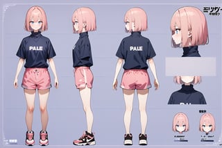 1girl, pale, pink hair, short hair, hair between eyes, blue shirt, turtleneck, short sleeve, pink sweat shorts, sneakers, standing, character sheet, turnaround, masterpiece, best quality, absurdres, very aesthetic, newest, General