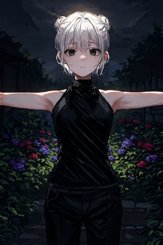 1girl, solo, white hair, short hair, double bun, bangs, black eyes, closed mouth,  looking at viewer, sleeveless black shirt, turtleneck, bare shoulders, sleeveless turtleneck, black pants, garden, scenery, masterpiece, high quality, absurdres