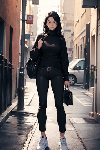 masterpiece, best quality, 1girl, mature woman, black hair, long hair, straight hair, turtleneck sweater, pants, shoes, standing, outside, [fisheye lens:: 1]