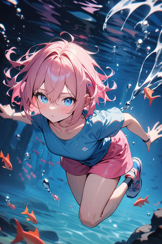 1girl, pale, pink hair, short hair, hair between eyes, blue shirt, pink shorts, sneakers, swimming, underwater, masterpiece, best quality, absurdres, very aesthetic, newest, General