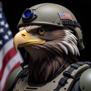 Closeup  portrait Photo of an eagle soldier wearing army helmet, night vision , robotic parts, detailed robotic led light eyes, natural light, American flag,<lora:659095807385103906:1.0>