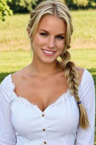 25 year old blonde girl, wearing traditional bavarian dress in blue with white blouse, braided hair down both shoulders, smiling at camera, photo realistic