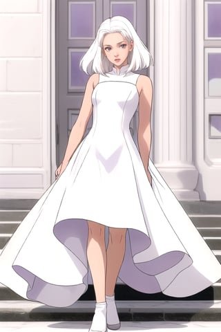 girl with white hair purple tints and white dress