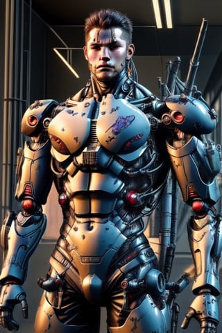 shirtless warrior, cybernetic, black body armour,Mecha body