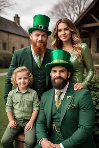 ((masterpiece)),((best quality)),((high detail)),((realistic,)).(((sharp focus))), ((sharp professional photo)),((wide angle shot ) ), Celtic family of dad, mom and their two children, realistic professional photography, (((celebrating St. Patrick's Day))), ((clear and defined faces)), ((full body and face in focus) ), green top hat, with gold buckle, green Celtic clothing with gold, defined teeth, defined lips, detailed hands and fingers, sharp eyes, ((scene with four-leaf clover vegetation)), which takes place in an environment Vibrant Celtic landscape, during the day. The scene is meticulously rendered in high resolution, highlighting the finest details. Captured in a majestic style, the composition features a wide shot that beautifully encompasses the natural play of light, adding a touch of authenticity to the moment. (natural light), ((high depth of field)), 8k, 4K, HDR.(((perfect image))), sharp and detailed eyes, natural beauty, high depth of field, 8k, 4K, HDR. high image quality, (((winning photo))). 8k UHD, DSLR, photorealistic, masterpiece, best quality, depth field, edge light, ((film photography)), ((focus on it)), high quality, film grain, Fujifilm XT3, HD, clear , rebhanna