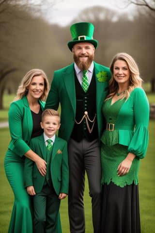 ((masterpiece)),((best quality)),((high detail)),((realistic,)).(((sharp focus))), ((sharp professional photo)),((wide angle shot ) ), Celtic family of dad, mom and their two children, realistic professional photography, (((celebrating St. Patrick's Day))), ((clear and defined faces)), ((full body and face in focus) ), green top hat, with gold buckle, green Celtic clothing with gold, defined teeth, defined lips, detailed hands and fingers, sharp eyes, ((scene with four-leaf clover vegetation)), which takes place in an environment Vibrant Celtic landscape, during the day. The scene is meticulously rendered in high resolution, highlighting the finest details. Captured in a majestic style, the composition features a wide shot that beautifully encompasses the natural play of light, adding a touch of authenticity to the moment. (natural light), ((high depth of field)), 8k, 4K, HDR.(((perfect image))), sharp and detailed eyes, natural beauty, high depth of field, 8k, 4K, HDR. high image quality, (((winning photo))). 8k UHD, DSLR, photorealistic, masterpiece, best quality, depth field, edge light, ((film photography)), ((focus on it)), high quality, film grain, Fujifilm XT3, HD, clear , rebhanna