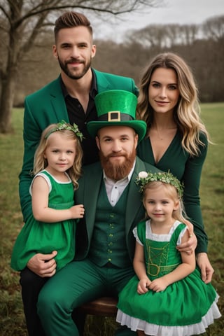 ((masterpiece)),((best quality)),((high detail)),((realistic,)).(((sharp focus))), ((sharp professional photo)),((wide angle shot ) ), Celtic family of dad, mom and their two children, realistic professional photography, (((celebrating St. Patrick's Day))), ((clear and defined faces)), ((full body and face in focus) ), green top hat, with gold buckle, green Celtic clothing with gold, defined teeth, defined lips, detailed hands and fingers, sharp eyes, ((scene with four-leaf clover vegetation)), which takes place in an environment Vibrant Celtic landscape, during the day. The scene is meticulously rendered in high resolution, highlighting the finest details. Captured in a majestic style, the composition features a wide shot that beautifully encompasses the natural play of light, adding a touch of authenticity to the moment. (natural light), ((high depth of field)), 8k, 4K, HDR.(((perfect image))), sharp and detailed eyes, natural beauty, high depth of field, 8k, 4K, HDR. high image quality, (((winning photo))). 8k UHD, DSLR, photorealistic, masterpiece, best quality, depth field, edge light, ((film photography)), ((focus on it)), high quality, film grain, Fujifilm XT3, HD, clear , rebhanna