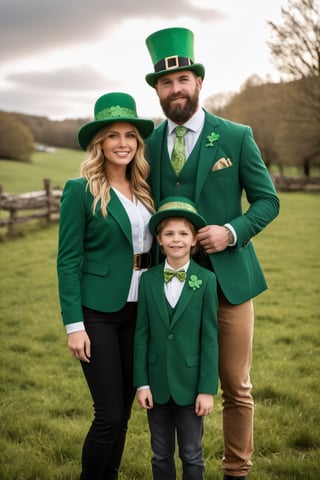 ((masterpiece)),((best quality)),((high detail)),((realistic,)).(((sharp focus))), ((sharp professional photo)),((wide angle shot ) ), Celtic family of dad, mom and their two children, realistic professional photography, (((celebrating St. Patrick's Day))), ((clear and defined faces)), ((full body and face in focus) ), green top hat, with gold buckle, green Celtic clothing with gold, defined teeth, defined lips, detailed hands and fingers, sharp eyes, ((scene with four-leaf clover vegetation)), which takes place in an environment Vibrant Celtic landscape, during the day. The scene is meticulously rendered in high resolution, highlighting the finest details. Captured in a majestic style, the composition features a wide shot that beautifully encompasses the natural play of light, adding a touch of authenticity to the moment. (natural light), ((high depth of field)), 8k, 4K, HDR.(((perfect image))), sharp and detailed eyes, natural beauty, high depth of field, 8k, 4K, HDR. high image quality, (((winning photo))). 8k UHD, DSLR, photorealistic, masterpiece, best quality, depth field, edge light, ((film photography)), ((focus on it)), high quality, film grain, Fujifilm XT3, HD, clear , rebhanna